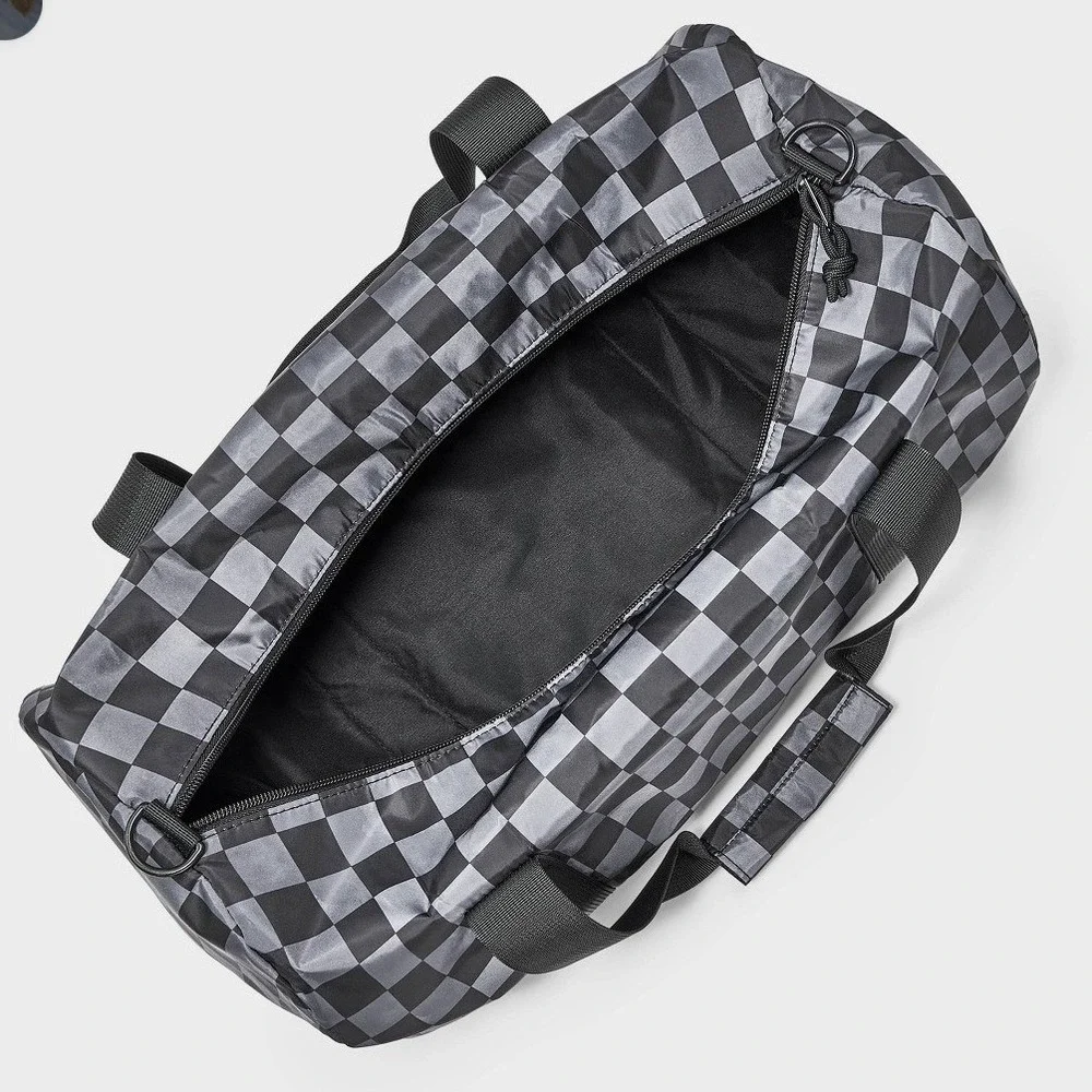 Cat & Jack Kids Checkered Duffel Bag Black Grey Barrel Sports Travel TB1001 NWT